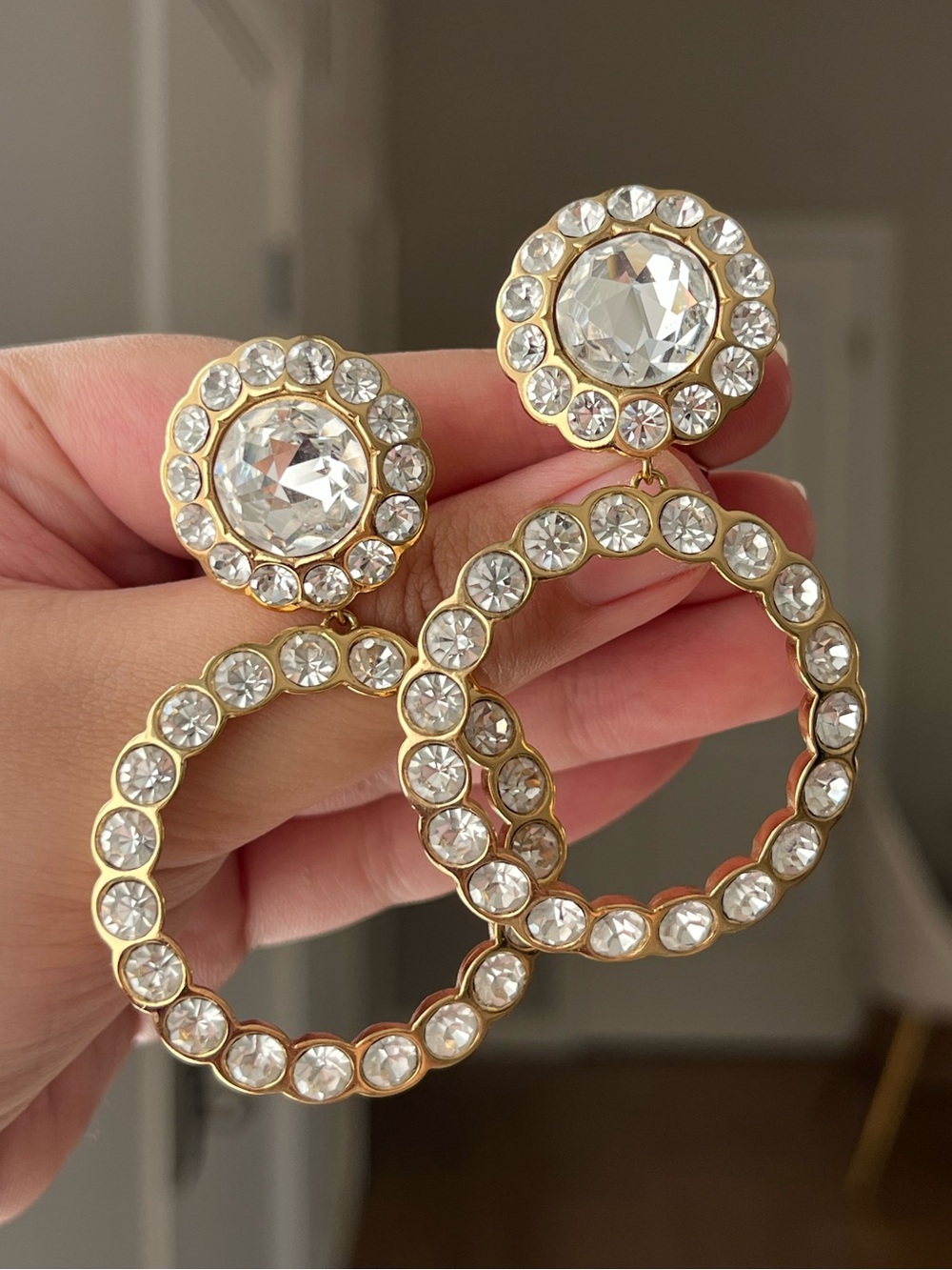 Authentic Vintage Dior Flower Hoop Dangle Large Rhinestone Gold Clip-On Earrings